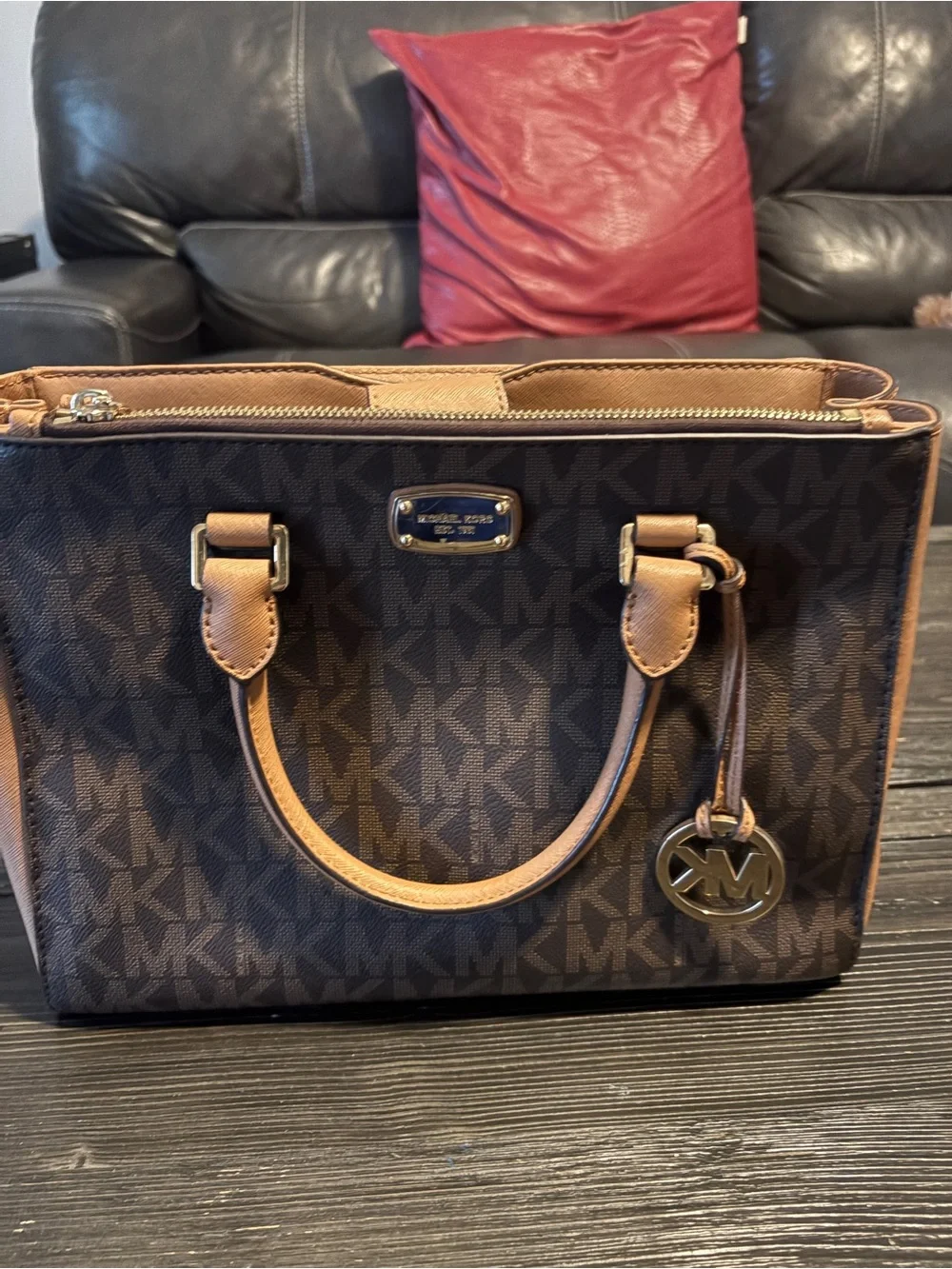 Michael Kors Dark Brown MK Logo Satchel with Tan Leather Trim